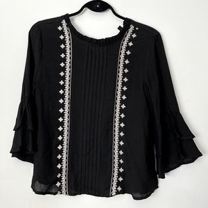 Black Embroidered Bell Sleeve Blouse